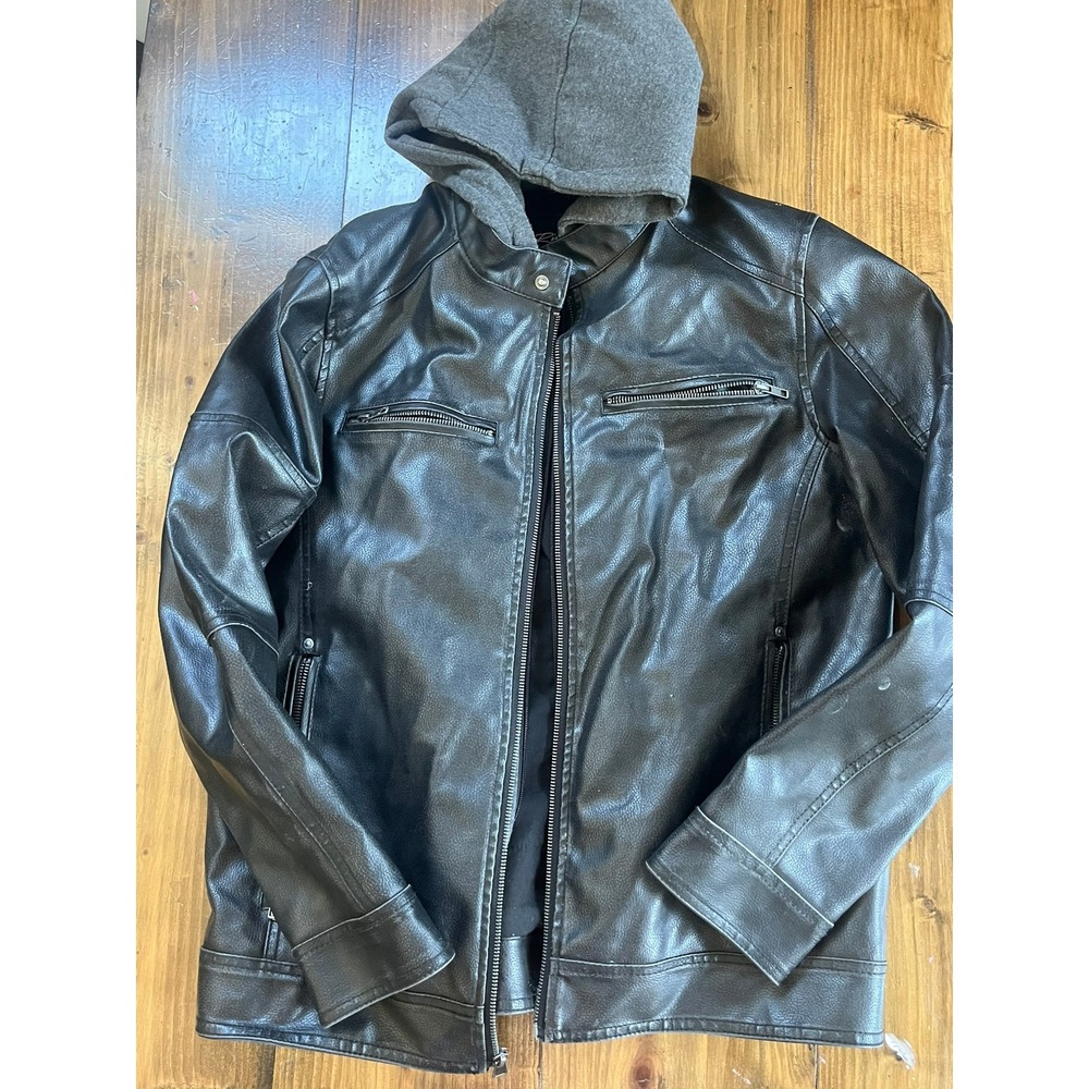 Black Rivet Mens Faux Leather Hooded Moto Jacket Black Grey Size M